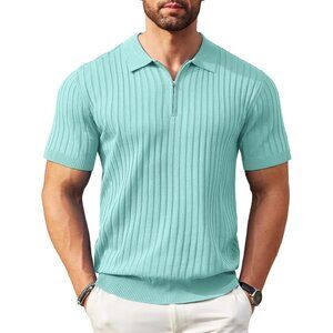 Men's Zipper Polo Shirts Short Sleeve Ribbed Knit Polo T Shirts Green